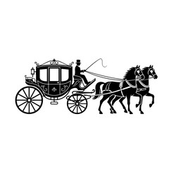 Vintage Carriage Ride: An elegant, old-fashioned horse-drawn carriage gracefully traverses a pathway, reminiscent of a bygone era. A gentleman, holding the reins, guides the horses