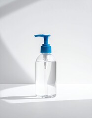 Clear bottle, blue pump, liquid, bright white background