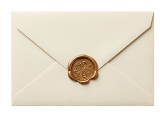 Isolated invitation envelope sealed with an ornate golden wax seal for authenticity and privacy