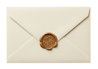 Isolated invitation envelope sealed with an ornate golden wax seal for authenticity and privacy