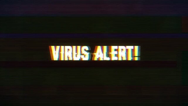 Warning computer virus alert. computer virus alert warning glitch background with animated hacking text noise background. 4k
