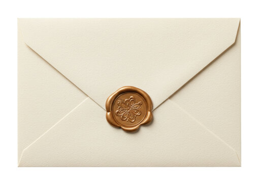 Isolated invitation envelope sealed with an ornate golden wax seal for authenticity and privacy