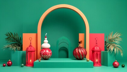 Minimalist Oriental-Inspired Christmas Scene with Lanterns and Ornaments