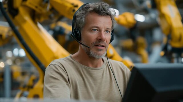 Mature worker with protective gloves and headset analyzing predictive maintenance dashboards beside robotic arms, emotion of confidence visible, representing knowledge transfer and technological