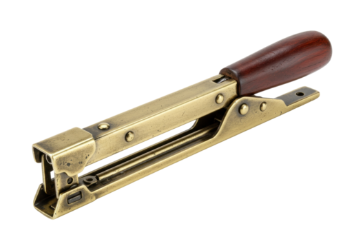 Isolated antique paper stapler with wooden handle, office supply for archiving documents