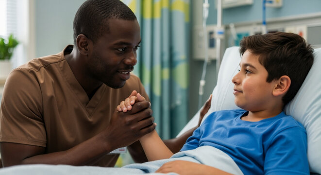 Male nurse comforting a young boy patient in a hospital bed. Caring Black healthcare professional holding a child's hand for support. Pediatric medical care and compassion - Powered by Adobe