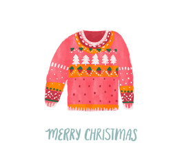 Knitted ugly sweater Christmas party, red watercolor painted jumper isolated