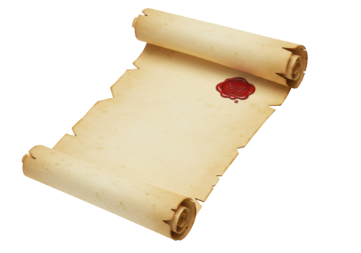 Isolated ancient parchment scroll with wax seal, document or map on old rough paper texture
