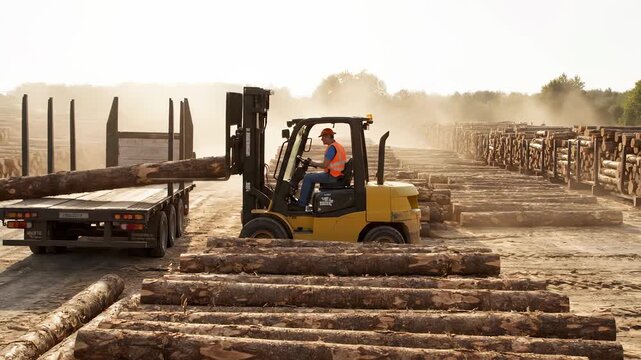 forklift moves log onto flatbed in yard. loading shifts lumber into stack. truck waits amid dust. transport operation continues across industrial storage area. equipment alignment marks workflow.
