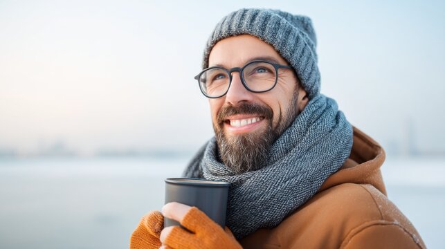A man wrapped in cozy winter wear sips a hot drink, smiling at the serene beauty of the frozen lake. Clear skies add to the peaceful winter atmosphere