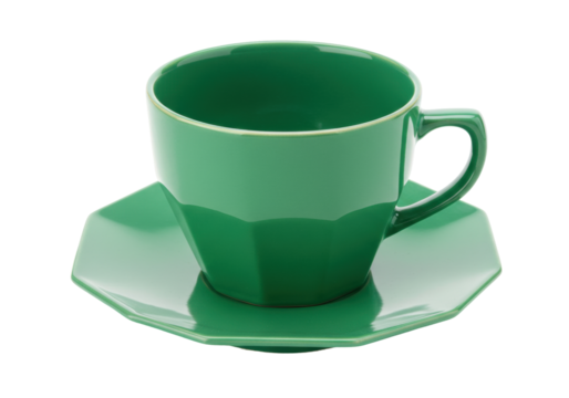 Isolated teacup and saucer with geometric shapes, emerald green ceramic, modern design