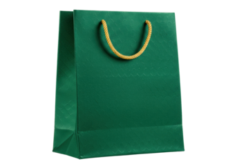 Isolated green gift shopping bag with rope handle for merchandise and retail sales