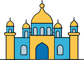 Colorful cartoon mosque building with golden dome and minarets isolated on transparent background