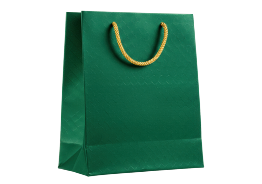 Isolated green gift shopping bag with rope handle for merchandise and retail sales
