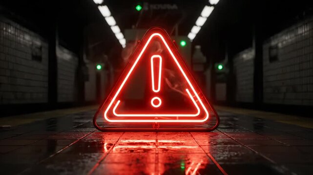 Neon warning triangle glows on floor. Red sign shows exclamation and hazard alert. Wet tile reflects bright neon light. Dark industrial corridor frames danger and caution. Emergency symbol at center.