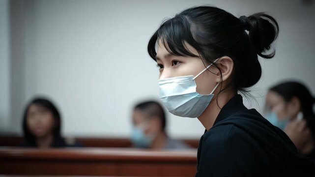 Young Asian woman wearing a mask in a courtroom setting, showing emotions during a serious moment