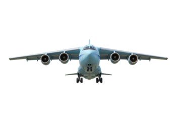 Isolated heavy transport aircraft with six engines ready for landing at the airport