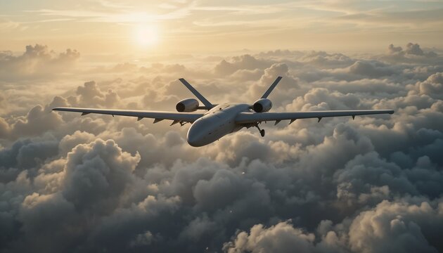 Fixed-wing military UAV soaring through a dramatic sky filled with contrails and smoke trails from recent missile launches