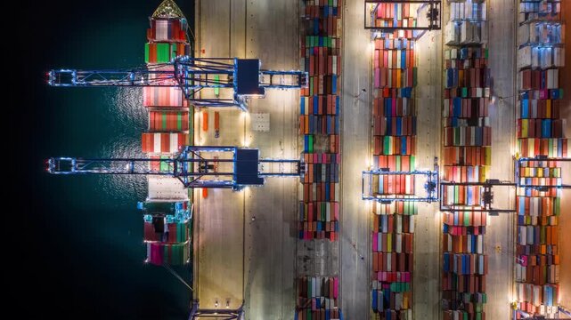 Overhead time lapse view of a illuminated container terminal with loading and unloading activity of a cargo ship with cranes and trucks during evening time