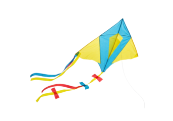 Isolated Diamond Kite Flying in Wind, Yellow and Blue, Summer Toy, Playful Activity