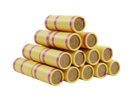 Isolated neatly stacked yellow coin rolls with purple bands are displayed on a plain scene
