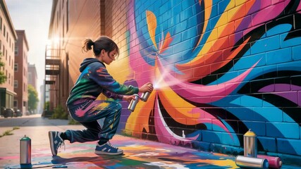 Young artist spray painting vibrant graffiti mural on brick wall urban street art creation - Powered by Adobe