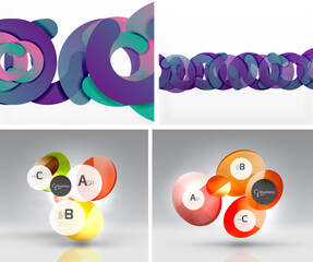 Abstract designs showcase vibrant colors, circular shapes, interconnected elements. Modern graphics suggest business, innovation, creativity.