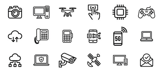 Technology and communication line icons: camera, computer, drone, nfc, cpu, gamepad, cloud, phone, 5g, satellite, cctv, email.