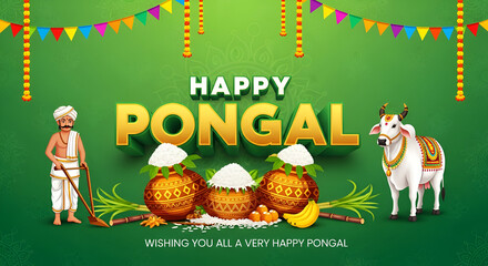 Tamil Nadu festival Happy Pongal with Pongal props, holiday Background, pongal celebration greeting card, vector illustration design.