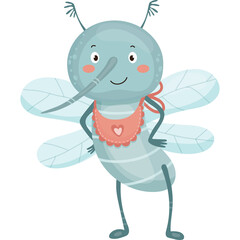 Adorable Cartoon Baby Mosquito with Light Blue Body and Pink Bib Featuring a Heart Design Standing with Hands on Hips