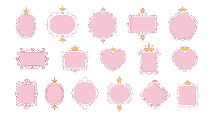 Naklejka premium Princess frame mirror set line fairy. Whimsical cute doodle mirrors with crown for baby princess. Collection elegant pastel decor.