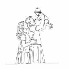 Obraz premium Continuous one-line drawing of a happy young family, with a father lifting his baby and the mother watching lovingly.