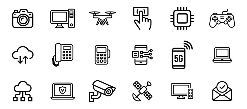 Technology and communication line icons: camera, computer, drone, nfc, cpu, gamepad, cloud, phone, 5g, satellite, cctv, email.