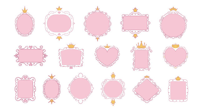 Princess frame mirror set line fairy. Whimsical cute doodle mirrors with crown for baby princess. Collection elegant pastel decor.