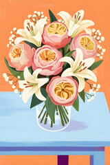 Colorful bouquet of pink roses and white lilies in a glass vase on a blue table with an orange background