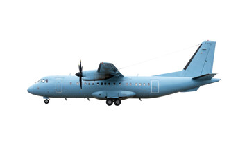 Isolated blue twin-engine turboprop short-haul regional airliner on a neutral backdrop