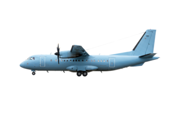 Isolated blue twin-engine turboprop short-haul regional airliner on a neutral backdrop