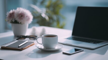 Cozy workspace featuring a laptop, coffee cup, notebook, and floral arrangement