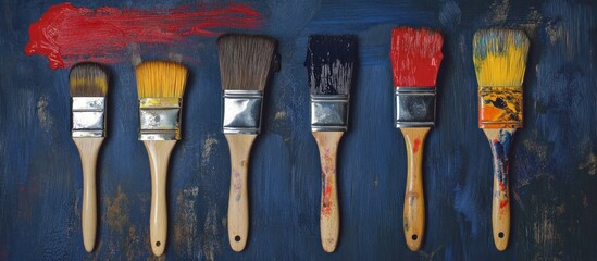 Top view of assorted paintbrushes with red, black, and yellow paint on a dark blue wooden background, art and creativity concept.
