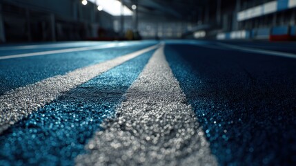 Abstract close-up of a blue running track with white lines perspective view
