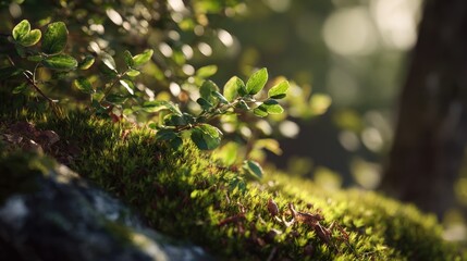 Sunlit Moss and Greenery Flourishing on a Forest Floor in Close-Up View