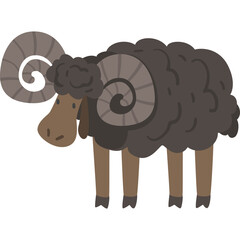 Stylized illustration of a black sheep with large curved horns and brown face standing on four legs with a transparent background