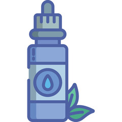Stylized Illustration of a Blue Dropper Bottle with a Circular Emblem Containing a Blue Water Drop and Green Leaves on a Transparent Background