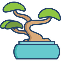 Stylized illustration of a bonsai tree with green leaves and a brown trunk in a teal pot on a transparent background