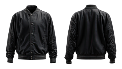 Dark bomber jacket, front and back views