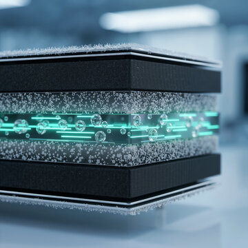close-up render of a cross-section of a power cell or fuel cell stack with black electrode layers separated by a glowing, bubbling liquid/gas diffusion layer with cyan energy flow