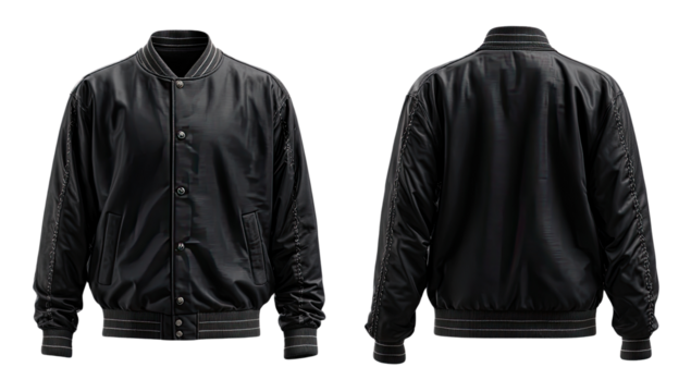 Dark bomber jacket, front and back views