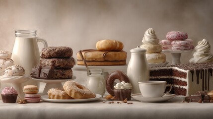 Assortment of Delectable Pastries, Cakes, and Fresh Milk Still Life Composition