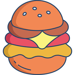 Stylized Flat Icon Illustration of a Cheeseburger with Layers of Patty Cheese and Bun on a Transparent Background