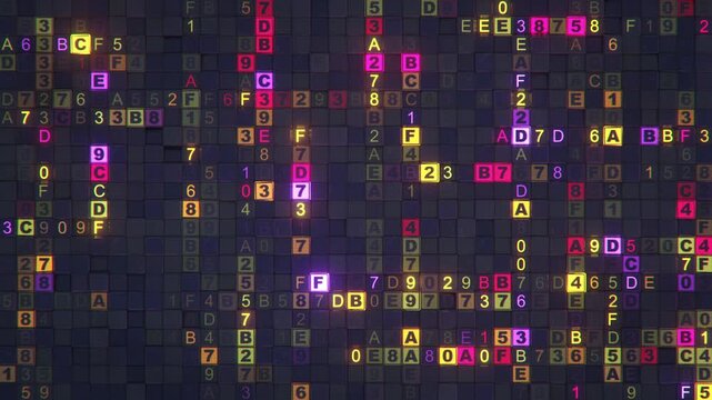 Matrix of hex machine code. 3D render seamless loop animation